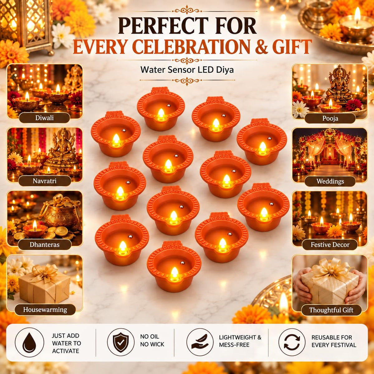 Traditional Glow Water-Activated Diya Set